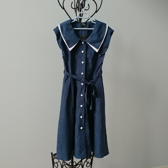 Rock Steady retro pinup 50s style button-up chambray dress with collar - Picture 1 of 3
